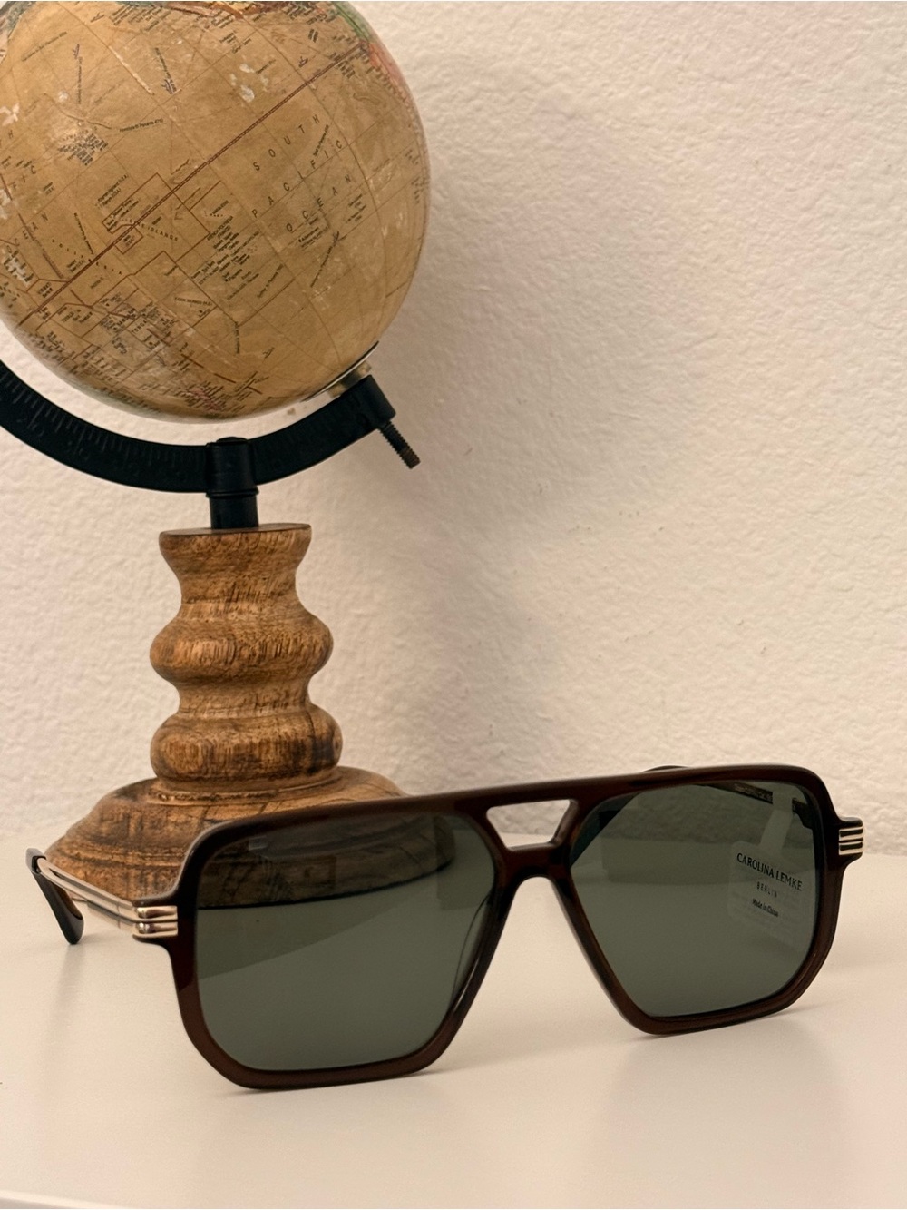 Carolina Lemke Cicero Brown Aviator Sunglasses NWT CL9110-2 Faux Leather Case
